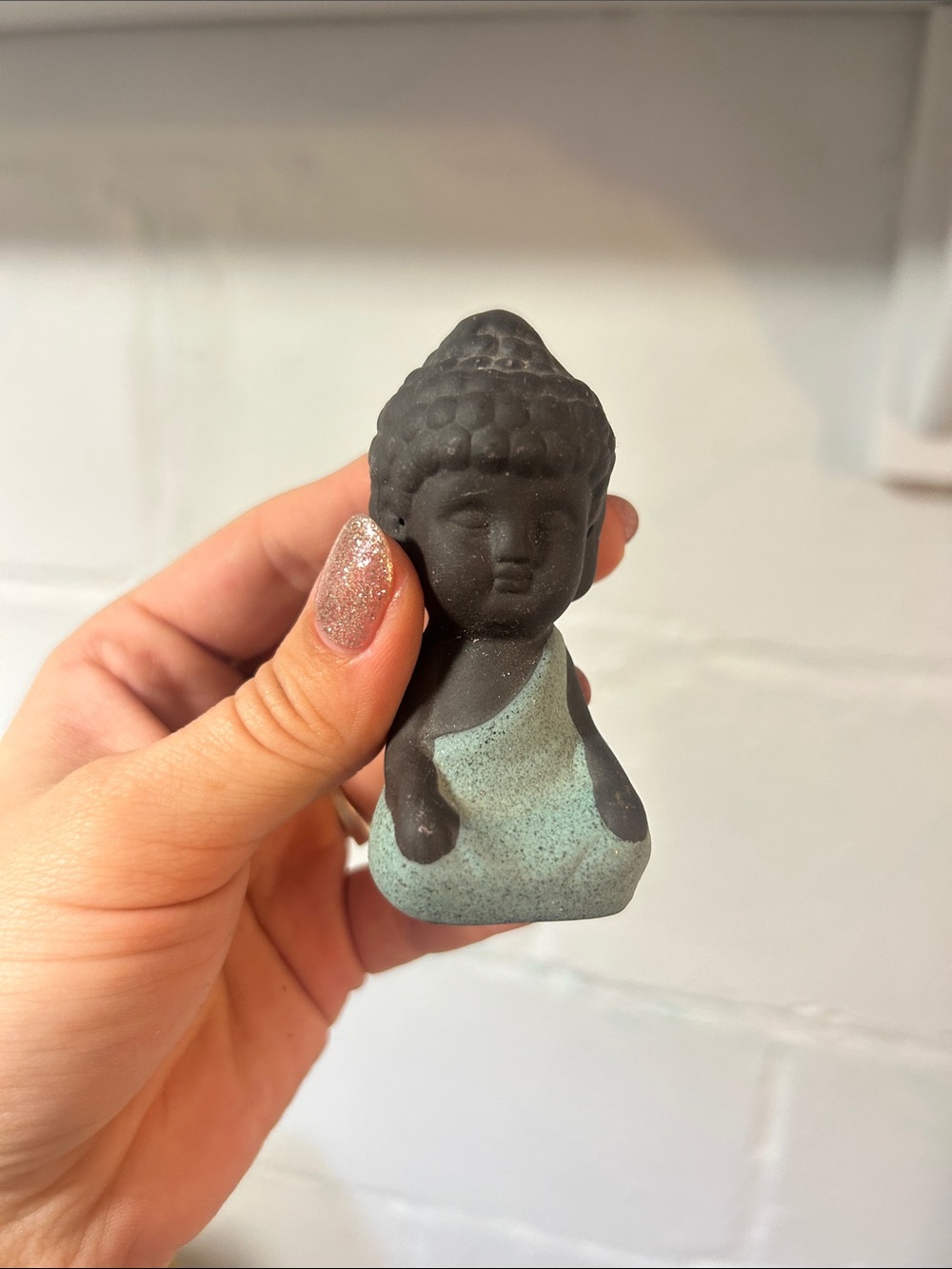 Mini Buddha Figurine in Black and Mint Green – Decorative Home Accent